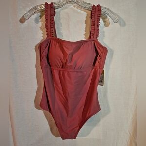 Kona Sol Square Neck Ruffle One Piece Swim Bathing suit Pink/Mauve Medium 8-10